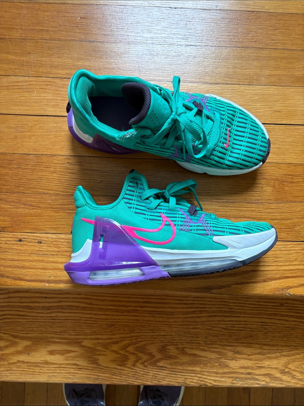 Nike Air Kids Teal Sneakers with Purple Heel and Pink Swoosh